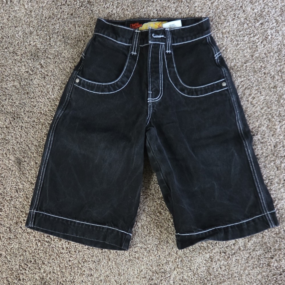 JNCO Twin Cannon 101 Men's Black Denim Jorts Embroidered Contrast Stitching