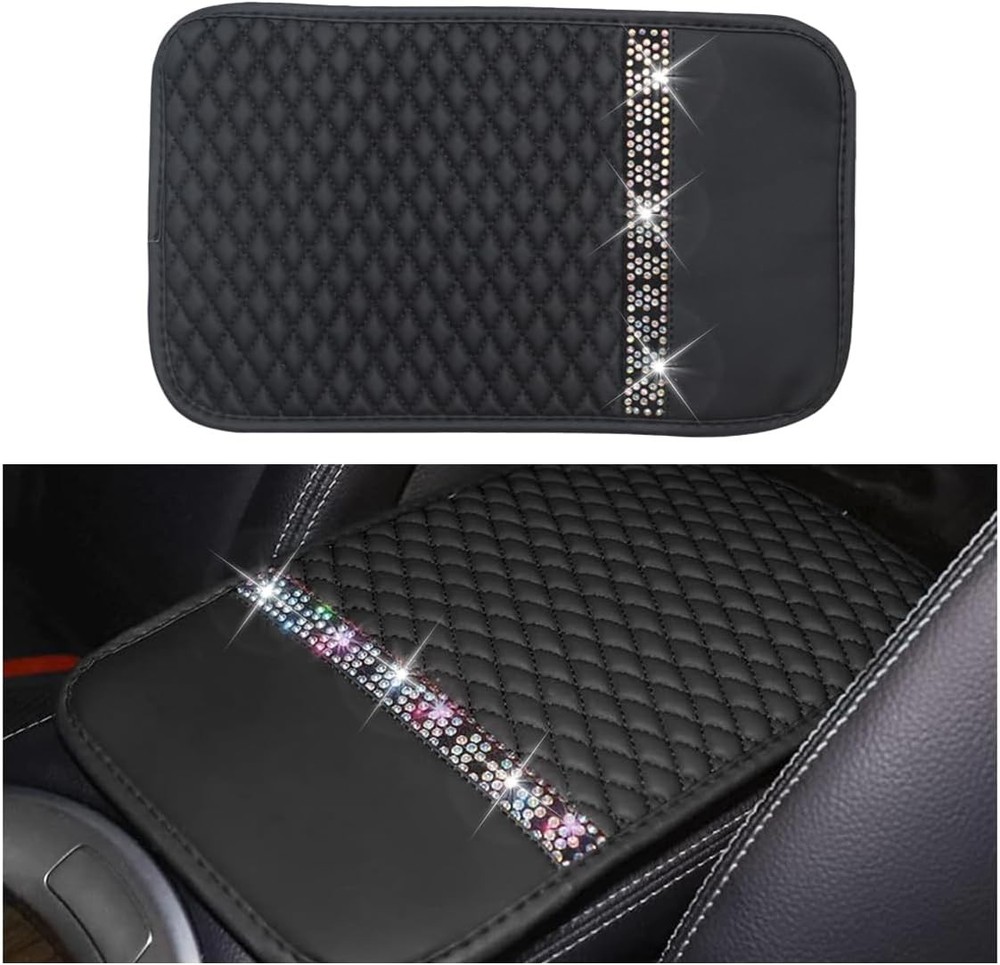 Crystal Rhinestone Leather Car Armrest Cover, Anti-Scratch Waterp Color: Black