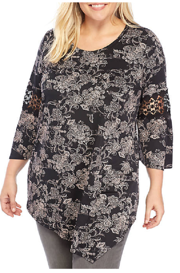 New Directions Stretch Knit  Asymmetrical  Hem 3/4 Lace Inset Sleeve Top 1X