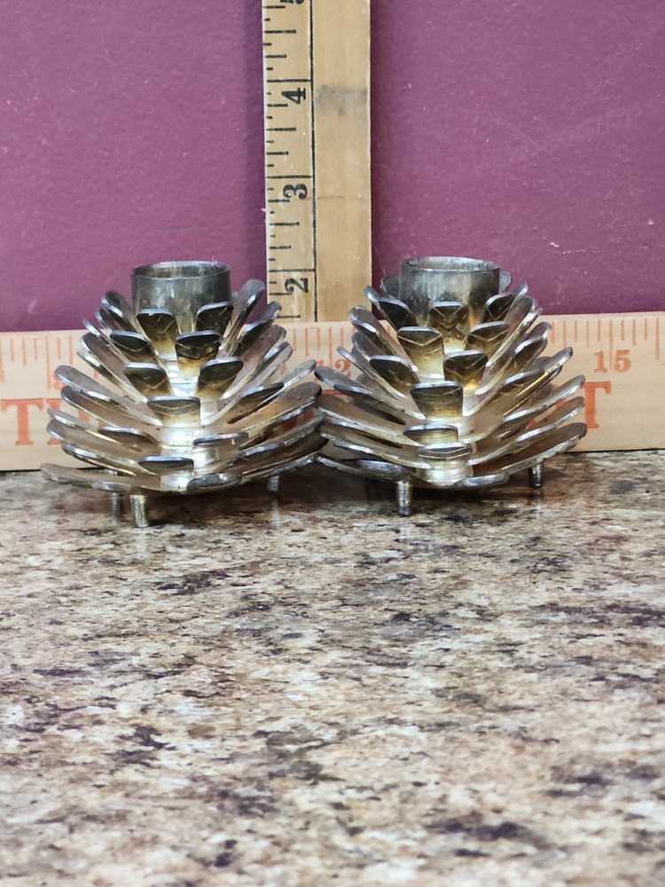 Silver Tone Pine Cone Taper Candle Holder Set Christmas And Cabin Decor
