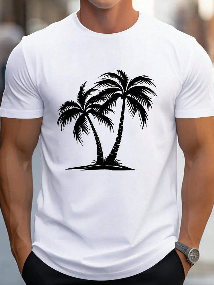 Palm Trees Printing T-Shirt, Men's Short-Sleeved Crew-Neck T-Shirts