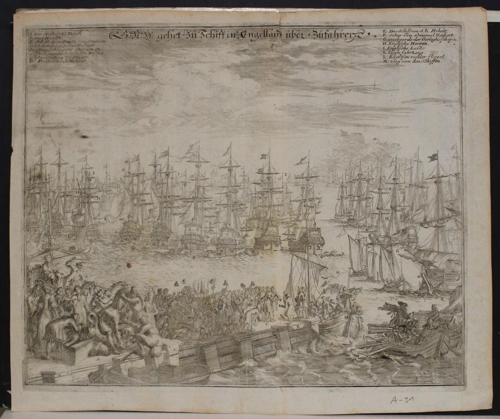 Departure Of William Iii Of Orange Netherlands1698 Merian Unusual Antique ViewANTIQUE COPPER ENGRAVED VIEW OF WILLIAM III OF ORNAGE