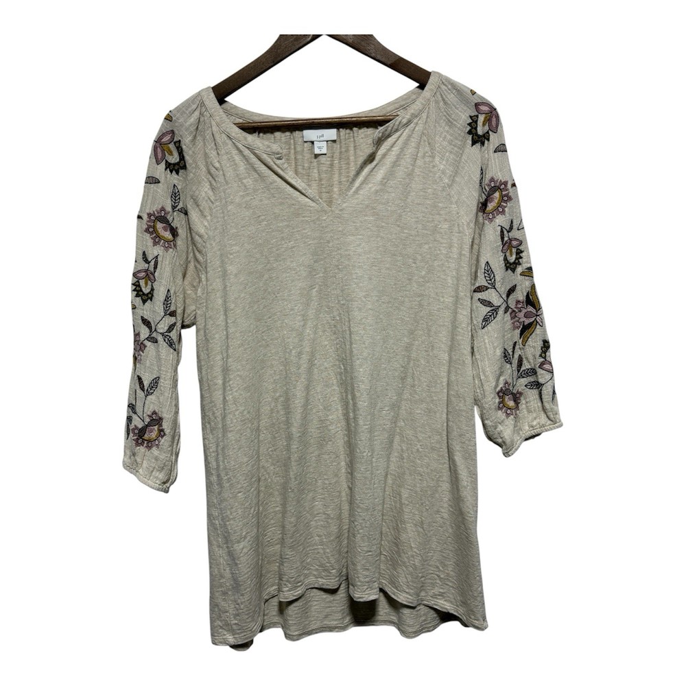 J Jill Top Womens M Beige Floral Embroidery Lightweight Knit V Neck Tunic