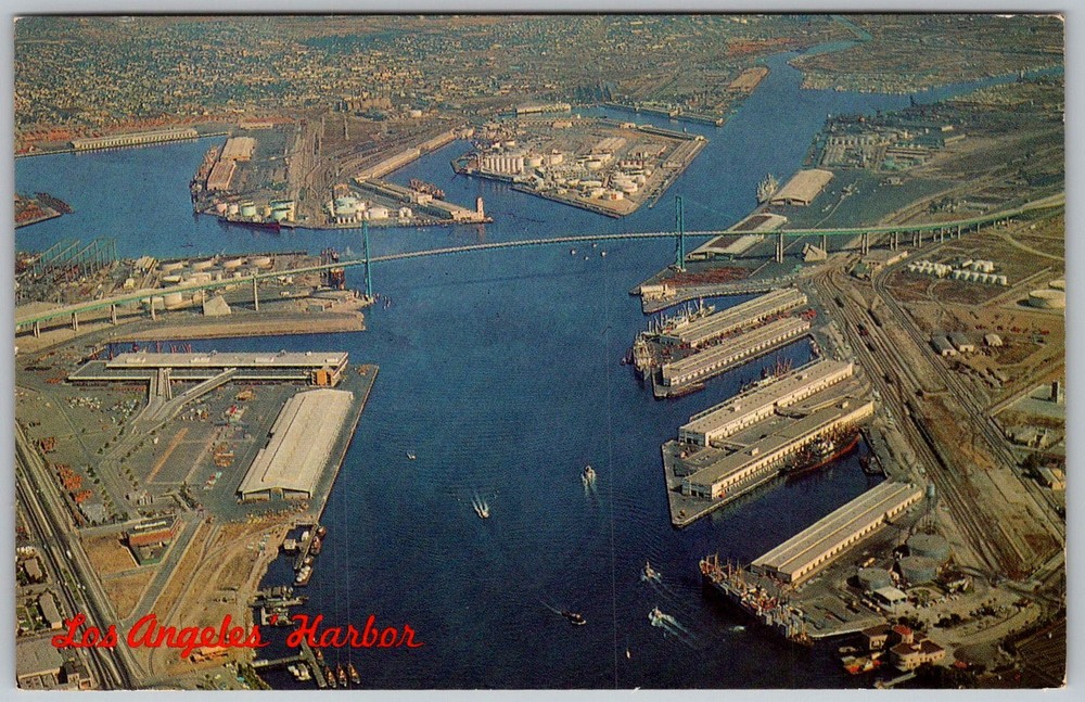 Vtg Postcard Vincent Thomas Bridge Aerial San Pedro, CA 1960s