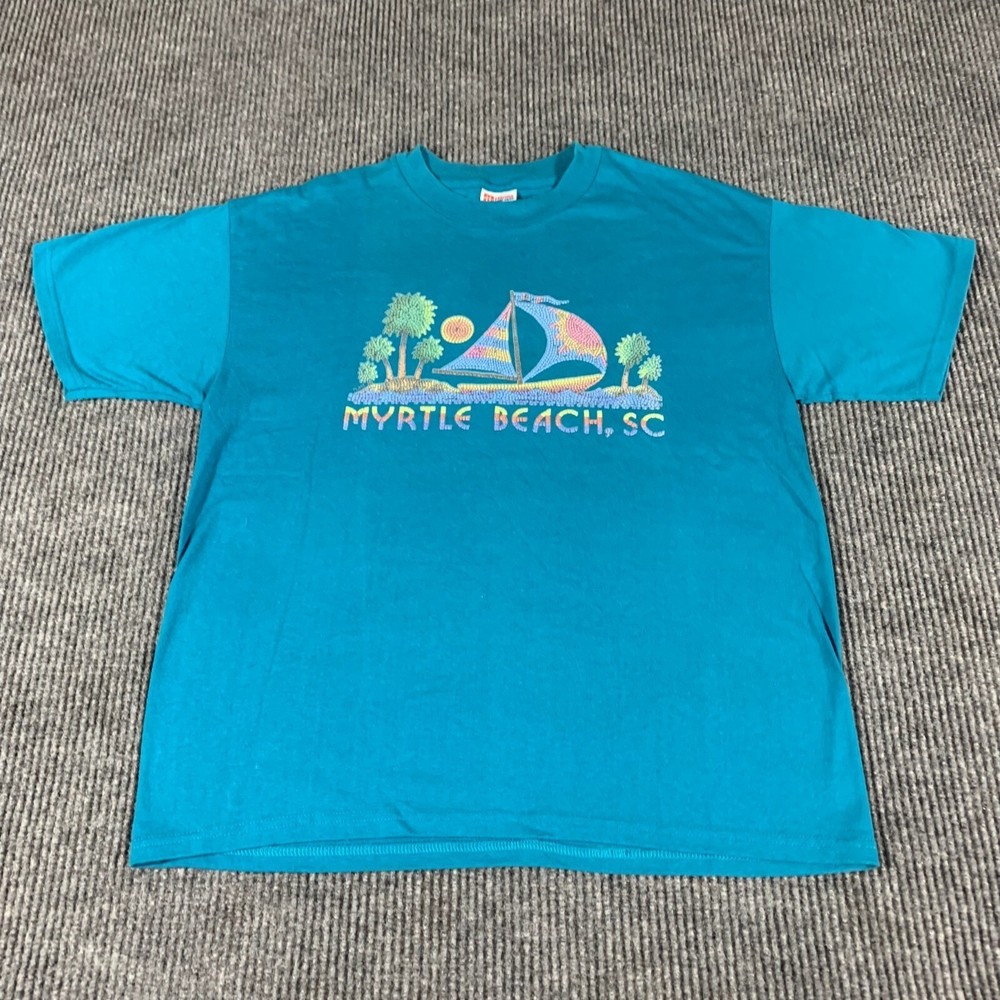 VTG Hanes T Shirt Mens Large Blue Heavyweight 50/50 Myrtle Beach SC Carolina Y2K