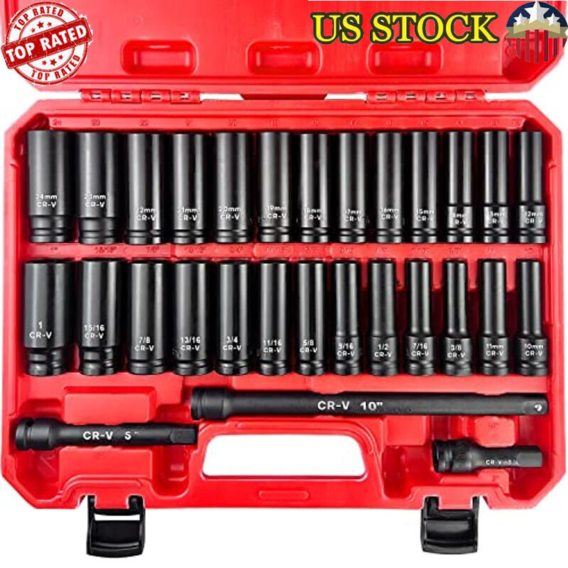 29pcs Deep Impact Socket Set SAE Metric Cr-V Steel Heavy Duty Tool Box Transport