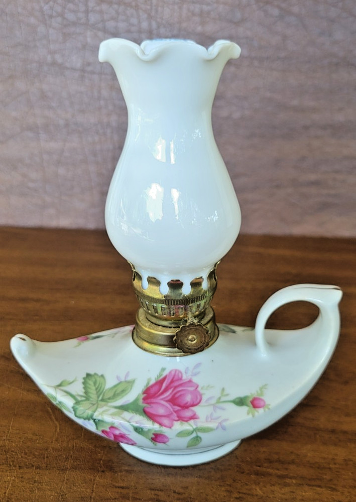 Vintage Porcelain Oil Lamp White Glass Shade Pink Rose Aladdin Style