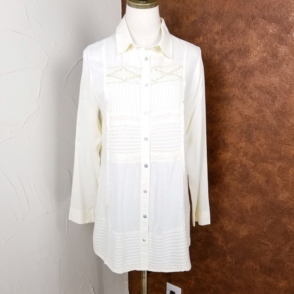 NWOT Soft Surroundings Cream Pintuck Pleated Lace Tunic Shirt Size XS
