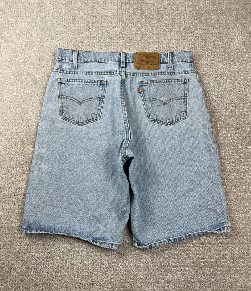 Vintage 90s Levis 550 Shorts Mens 34 Loose Light Wash Denim Orange Tab USA Made