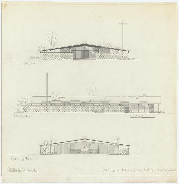Methodist Church. Elevations and cross section. / Chas. M. Goodman Associates,