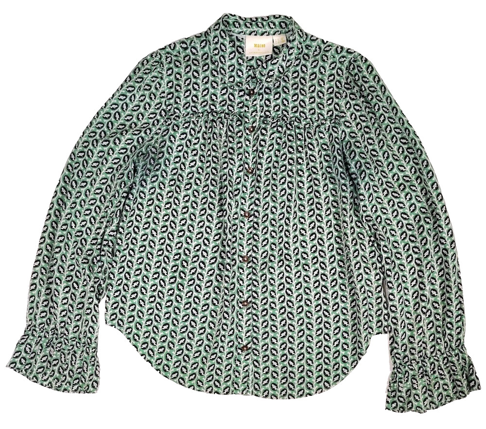 Anthropologie Maeve Fredericka Bird Print Blouse 8 Green Long Sleeve Button up
