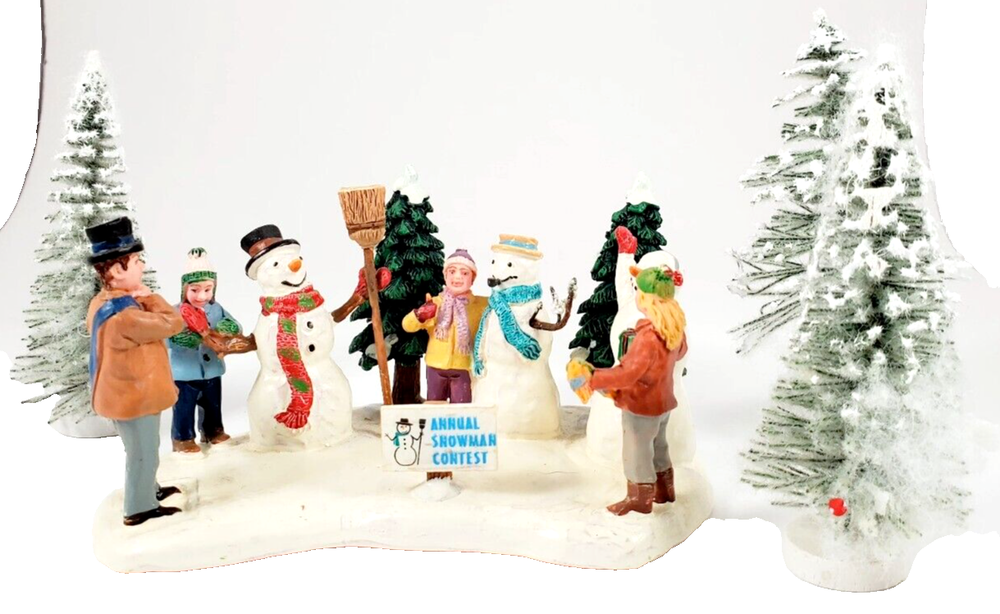 2006 Lemax Snowman Contest Table Decor with 3 Christmas Trees-image