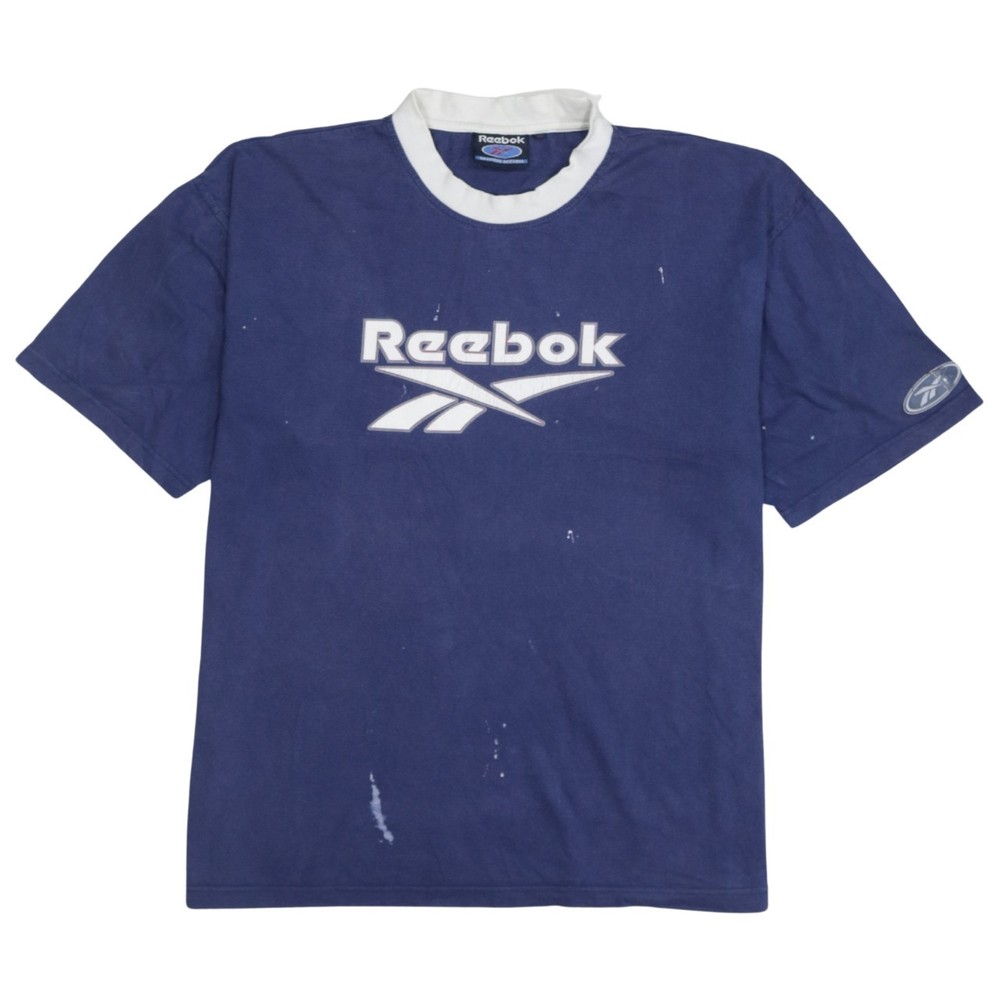 Reebok Mens T Shirt Navy Blue Training Apparel Contrast Collar Logo Print Tee L
