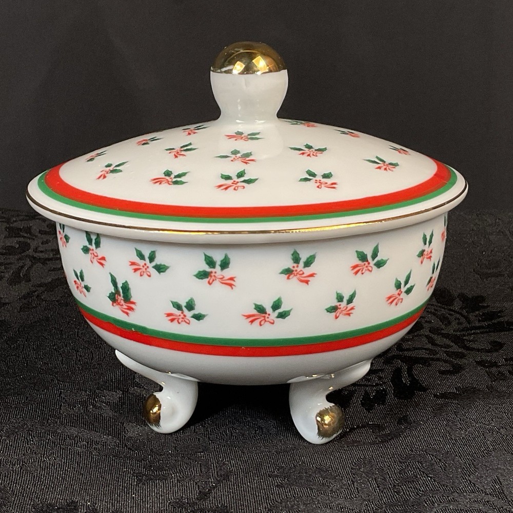 Vintage Lefton Holly Berry Covered Footed Candy Dish Porcelain Christmas Japan