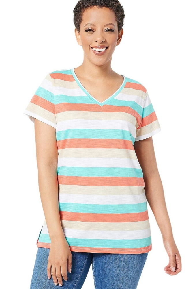 Belle by Kim Gravel Striped Heather Short Sleeve Top Cabana/Coral XXS A396194