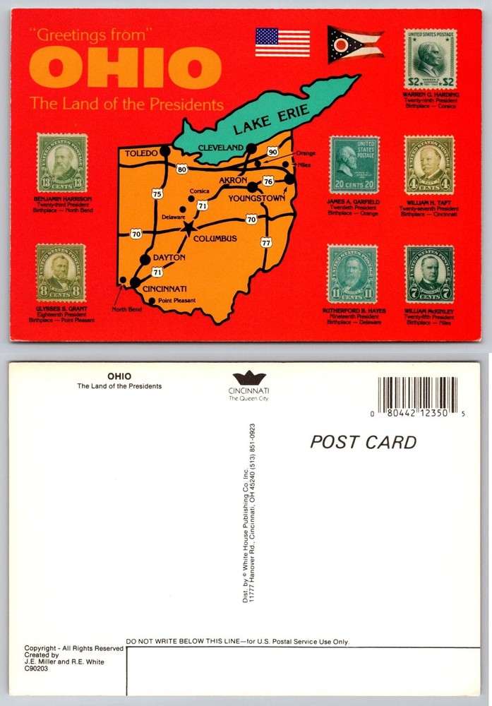 Vintage Greetings from Ohio Presidents Map Postcard White House Publishing