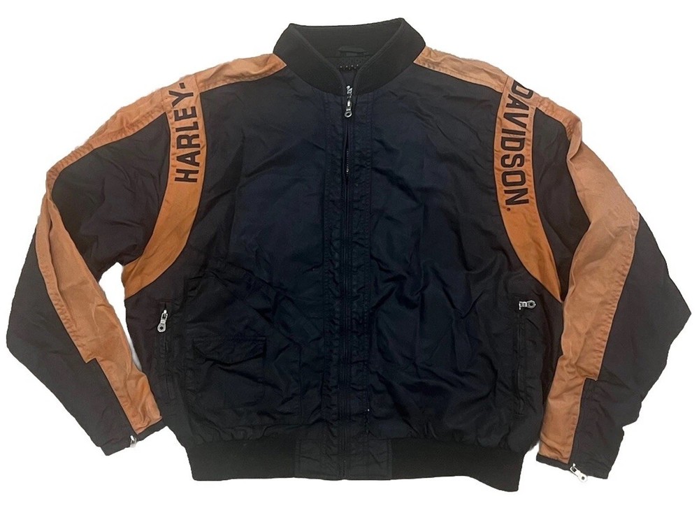 Vintage Harley Davidson Riding Full Zip Large Orange Biker Nylon Bomber Jacket
