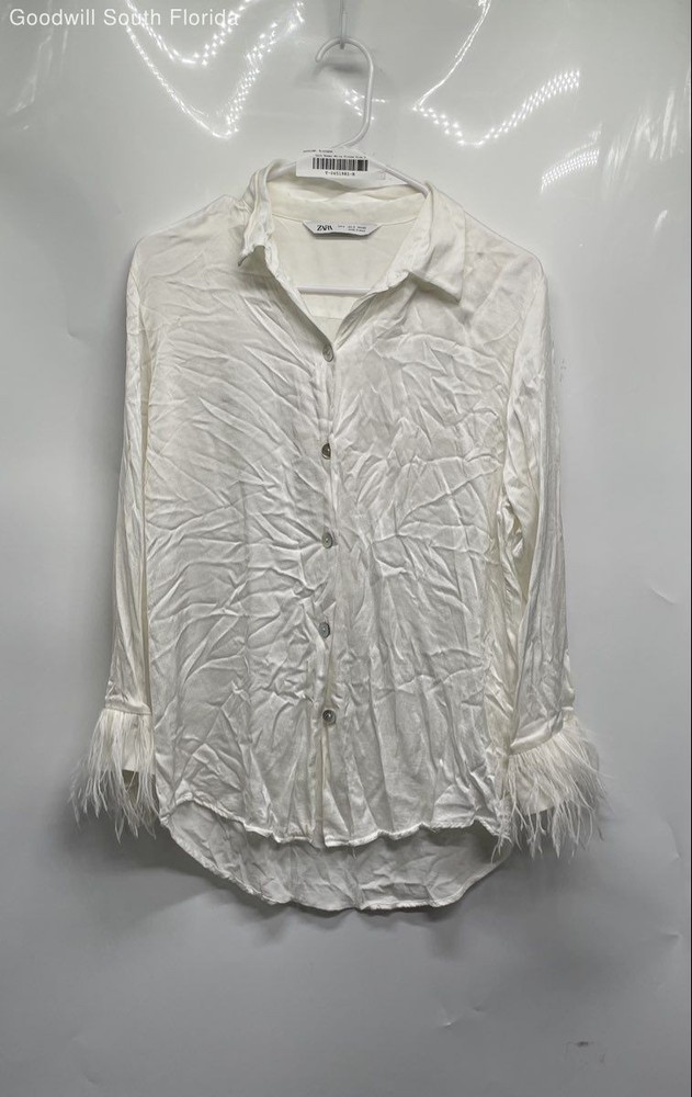 Zara Womens White Long Sleeve Collared Button Front Blouse Top Size Small