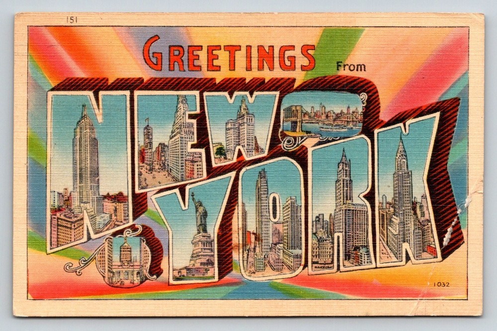 Greetings From New York Large Letter Linen Postcard NYC Landmarks 1940 Posted