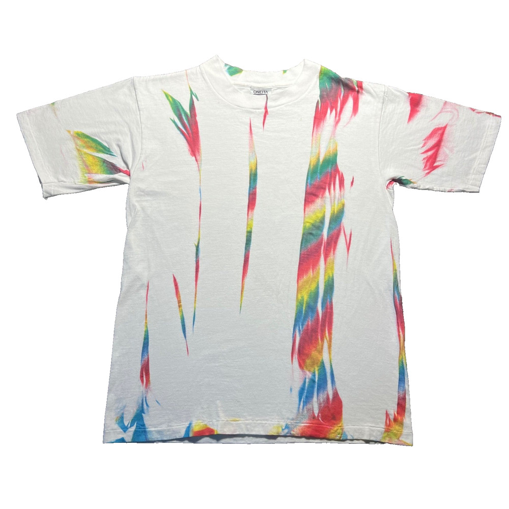 Vintage 90s Tie Dye Single Stitch T Shirt White Abstract Mens L Oneita Power-T