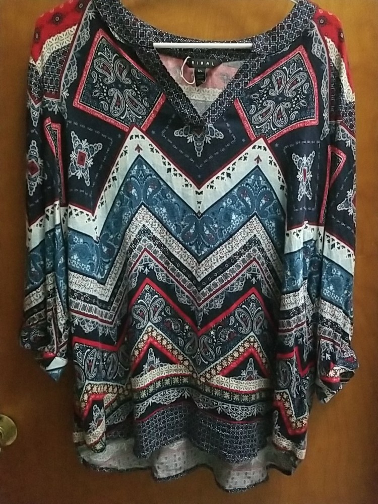 Tribal Top Tunic Print V-neck  3/4 sleeve Boho Sz  L Rayon Spandex