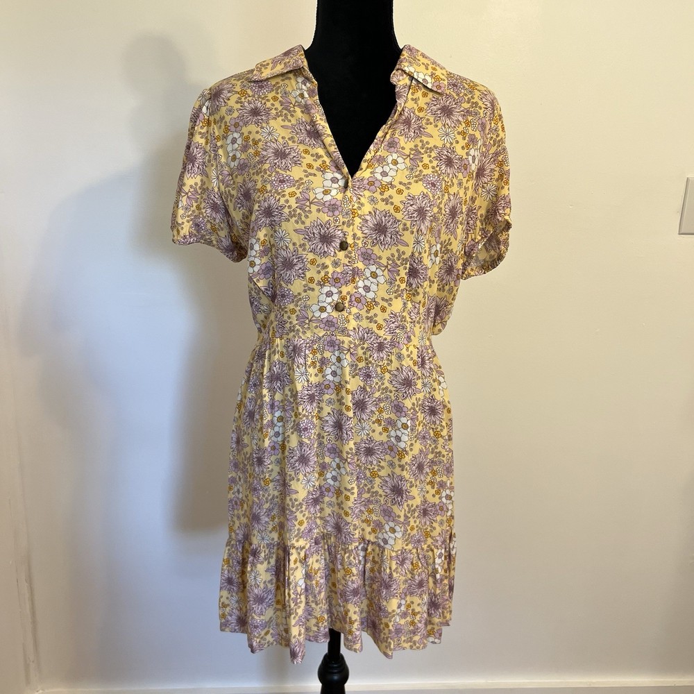 Bebop Yellow Floral Summer Babydoll Dress Preppy Tiered Collared Women’s Size L