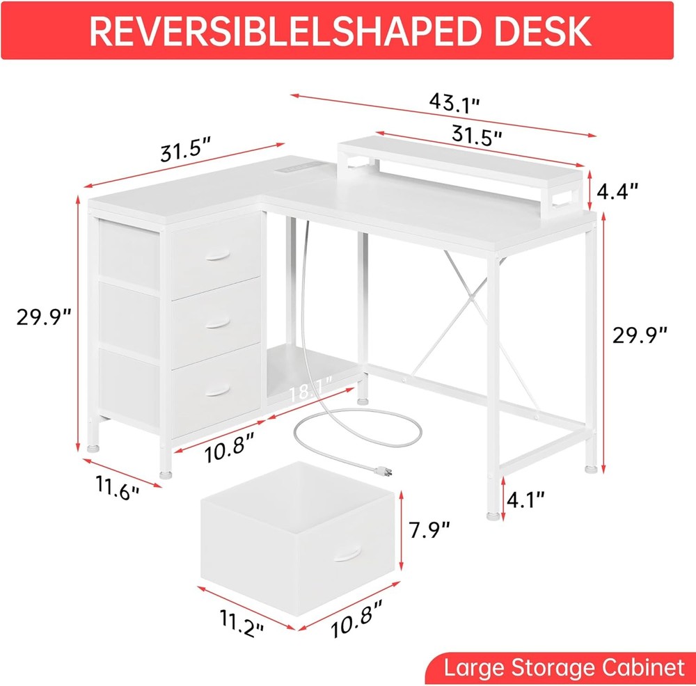 L-Shaped Gaming Desk with Power Outlets, Corner Desk with Drawers & LED Lights
