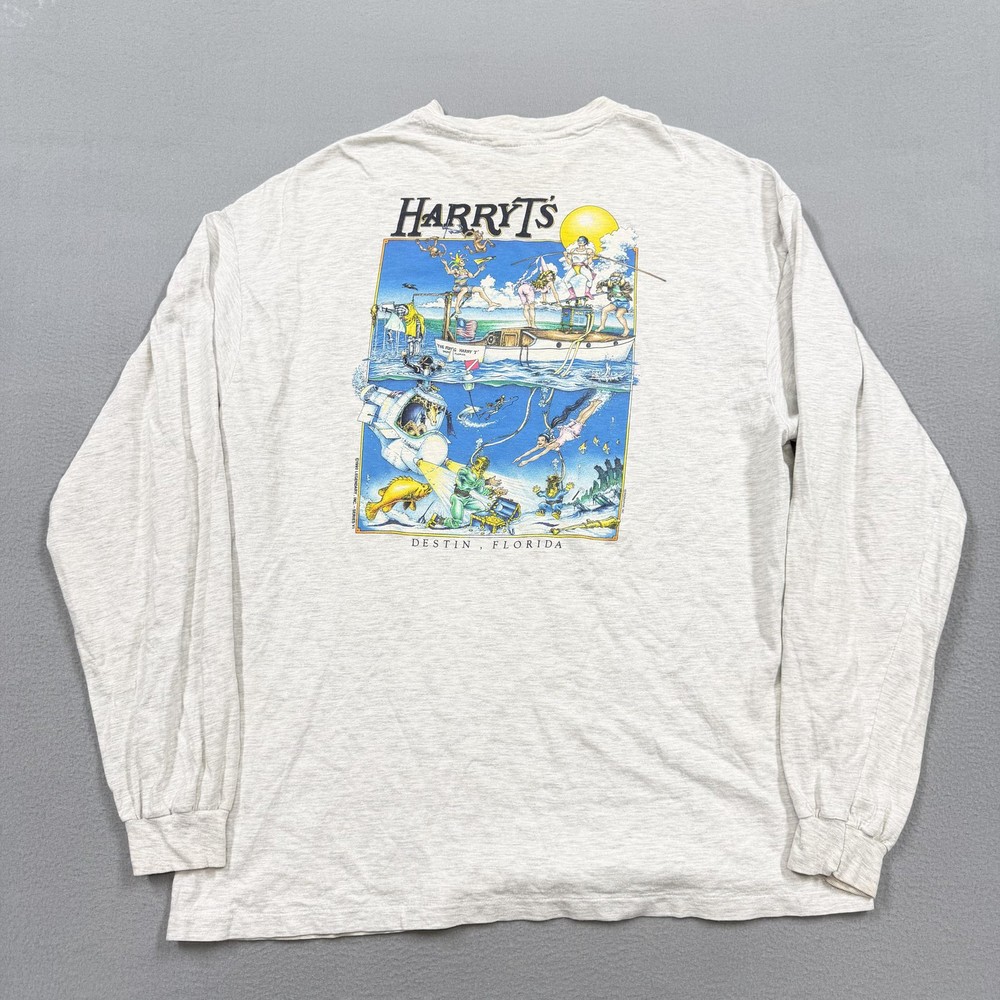 Vintage Harry T's Destin Florida Shirt Mens XL Gray Long Sleeve Graphic 90s
