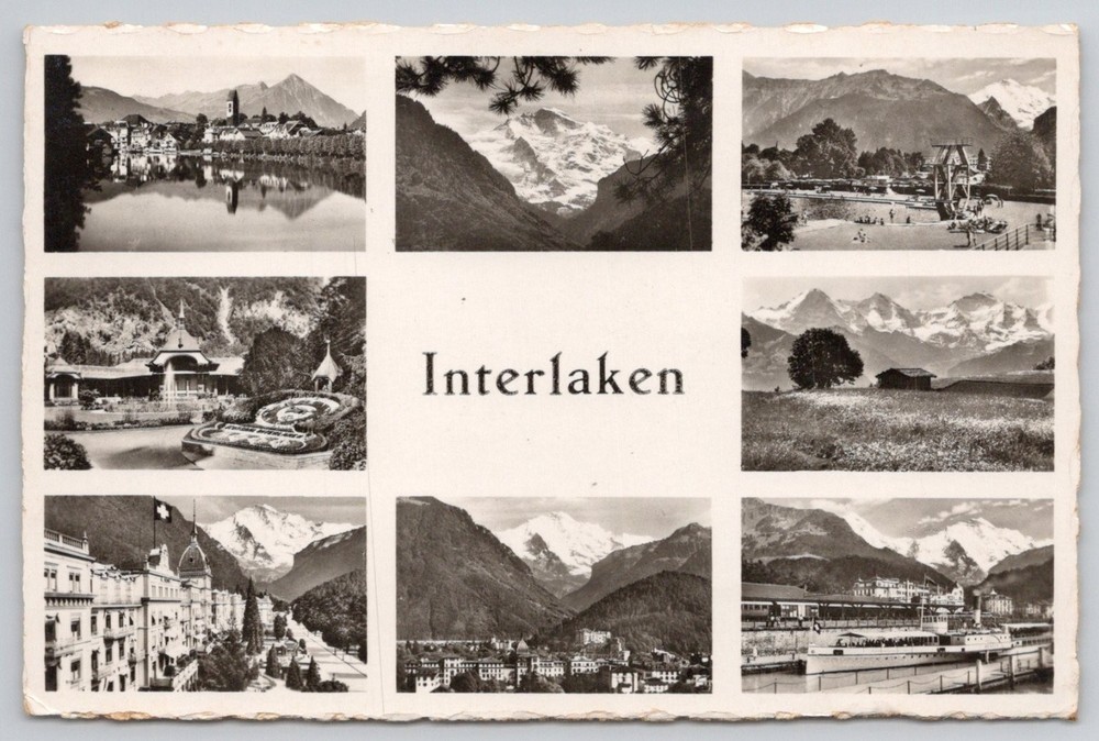 1960 Interlaken Switzerland Multi-View Postcard - Swiss Alps Lake Town