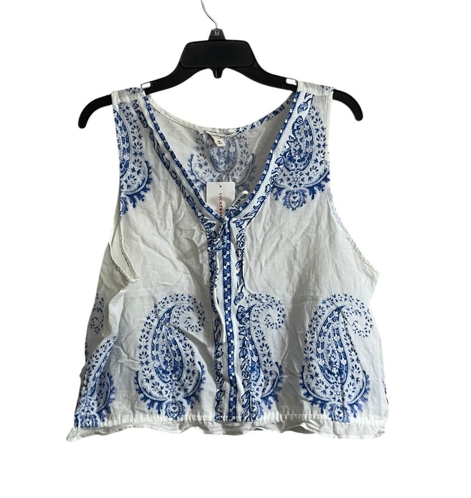 NWT Lucky Brand Top XL Blue White Paisley Sleeveless Coastal Peasant Romantic