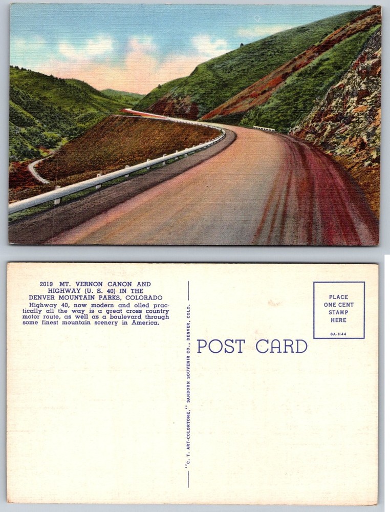 Vintage MT. VERNON CANON HWY US 40 Colorado Linen Postcard 1938 C.T