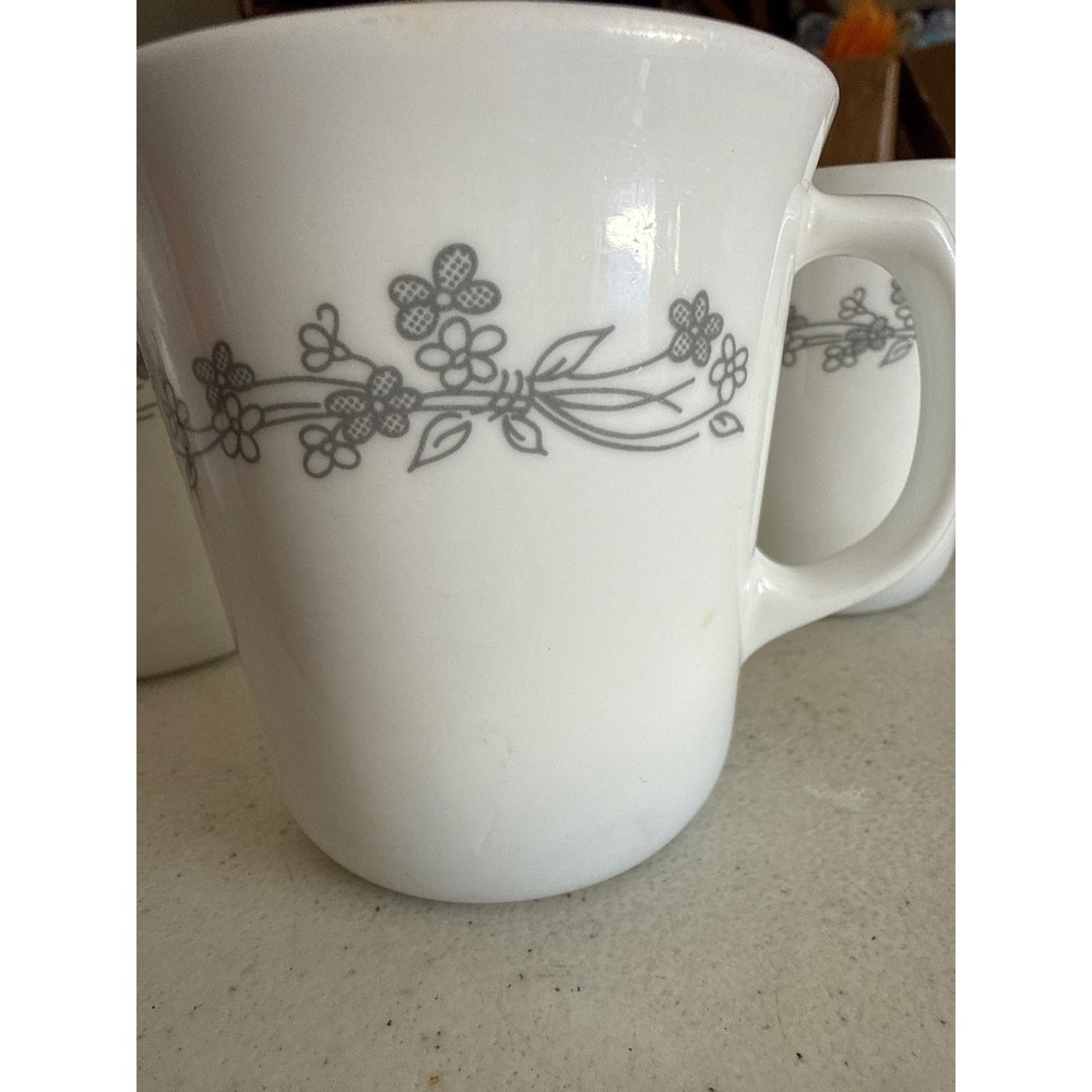 Corning USA White Vitrelle Coffee Mugs Grey Floral Vine Microwave Safe Set of 4