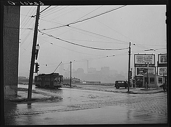 Photo:Pittsburgh Pennsylvania 1941 Flooded Street Trolley Billboard