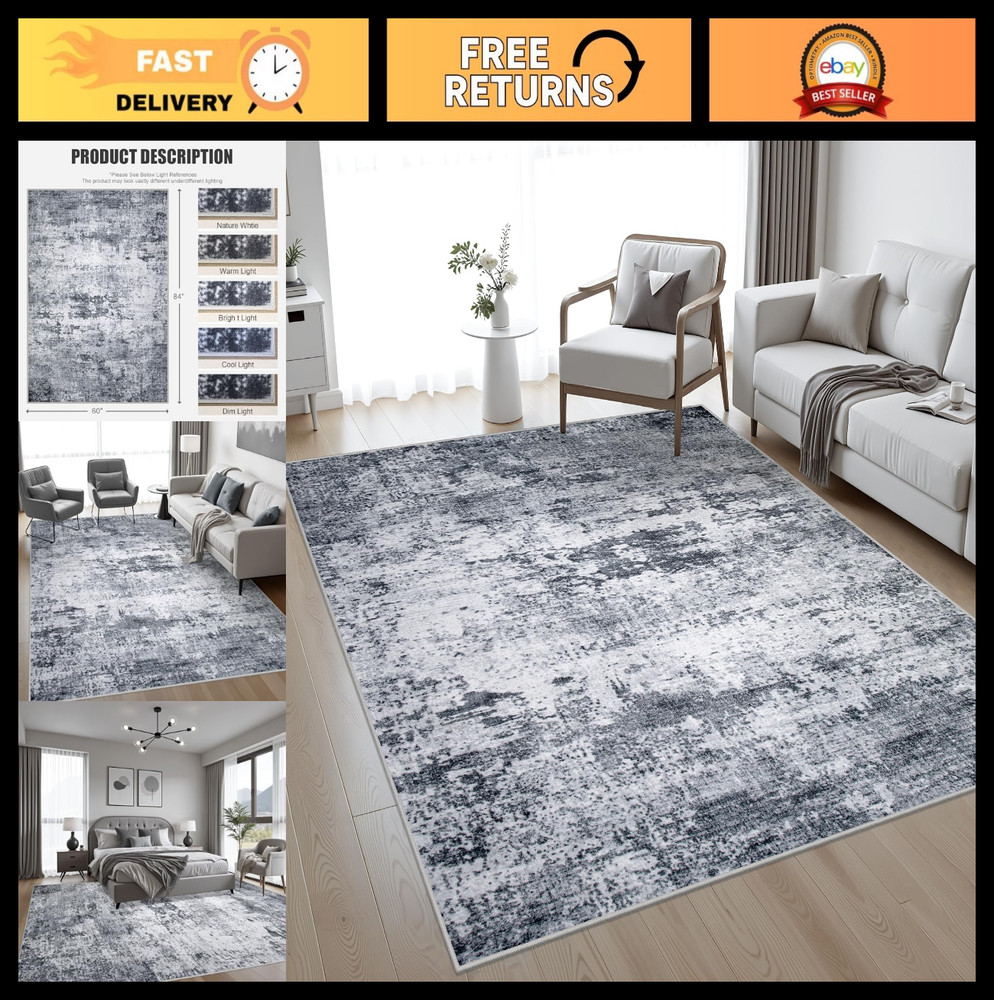 Modern 5x7 Washable Area Rug - Soft Thin Abstract Carpet for Living Room, Bedroo