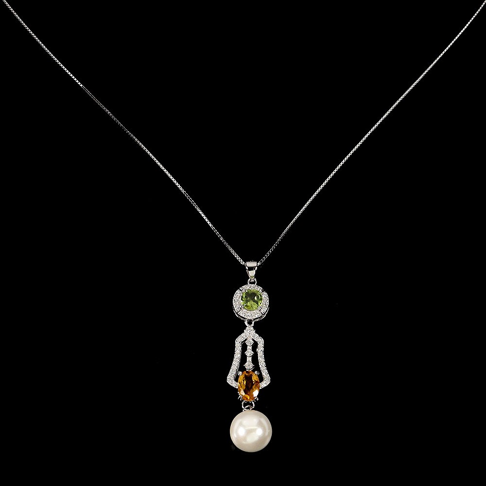 925 Sterling Silver Necklace with Oval Citrine Peridot and MOP Natural Gemstones