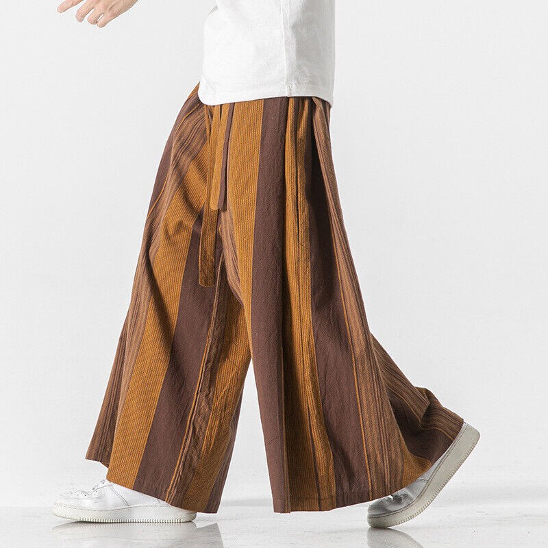 Chinese Kung Fu Linen Wide Leg Pants with Drawstring and Pocket