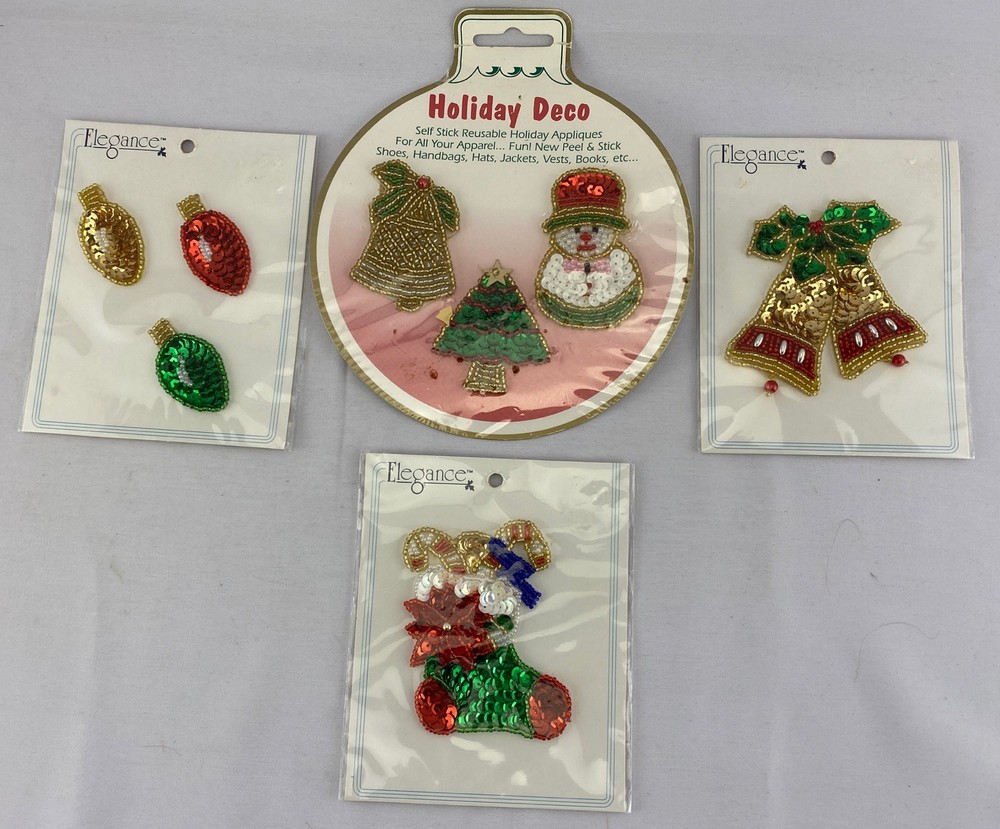 4 Vintage Sequin Beaded Appliques Christmas Poinsettia Stocking Bells Bows NOS