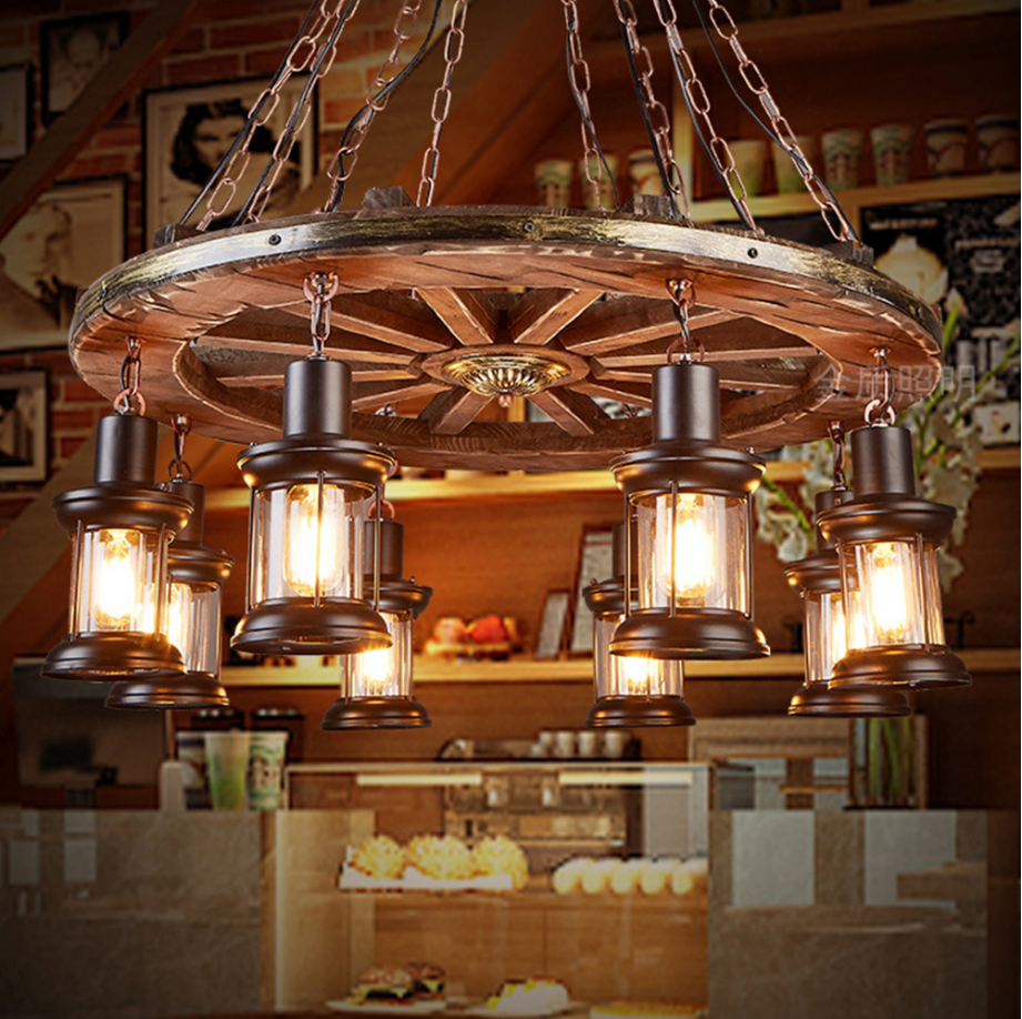 8 Heads Chandelier Industrial Ceiling Lamp Rustic Wood Hanging Pendant Light