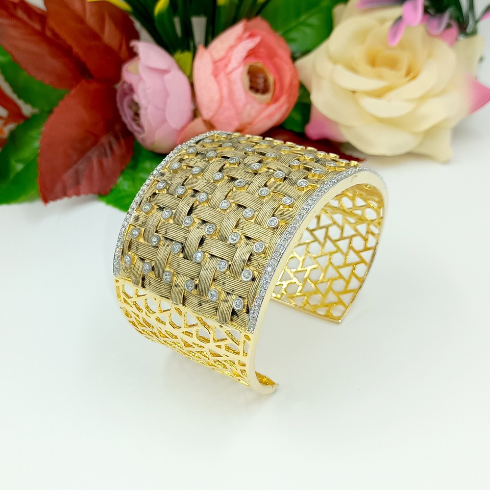 Gold Plated CZ Diamond Wide Cuff Bangle Bracelet Statement Bridal Women Gift