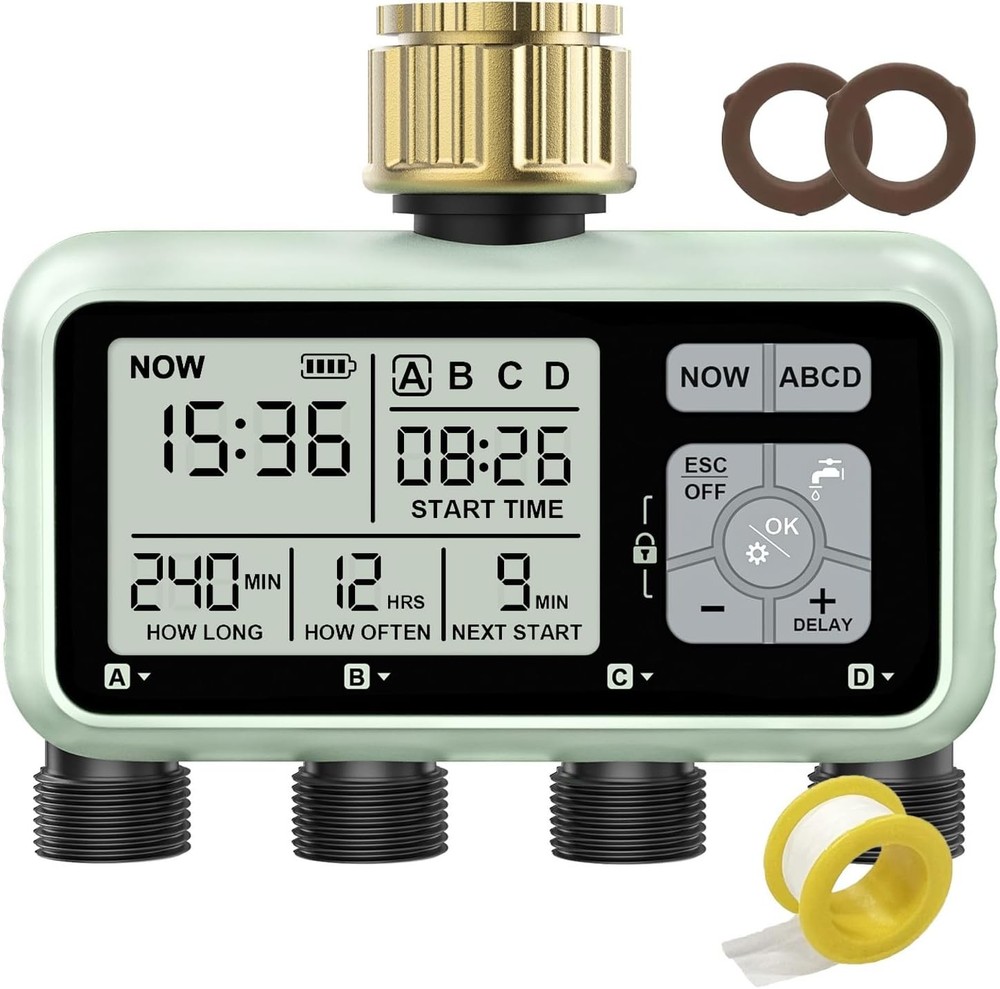 Watering Timer 4 Zone With With Brass Inlet, Sprinkler Timer, Programmable Garde