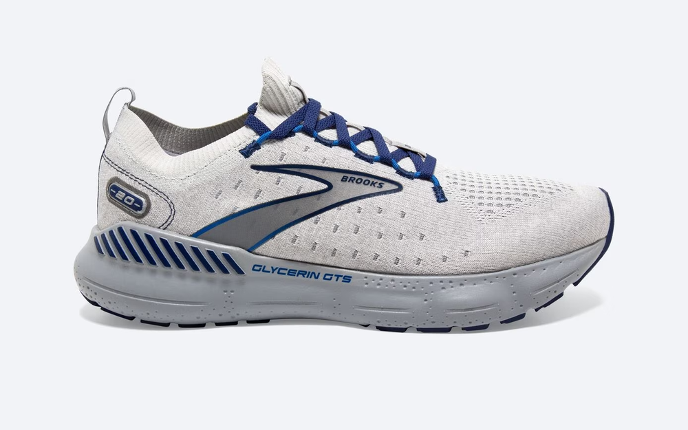 Brooks Glycerin StealthFit GTS 20 Running Shoes in Oyster Alloy Blue Depths Men Size 10