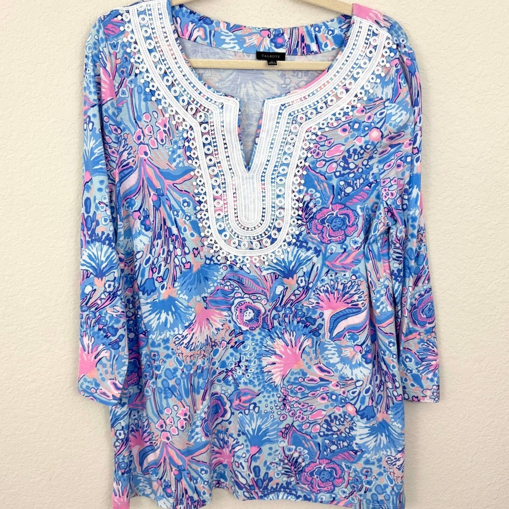 Talbots Womens Tunic Top Blouse Size L Floral Embroidered Lace Preppy Blue