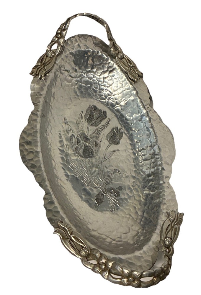 Vintage 1950s Rodney Kent Hand Wrought 13” Hammered Aluminum Tulip Tray Handles