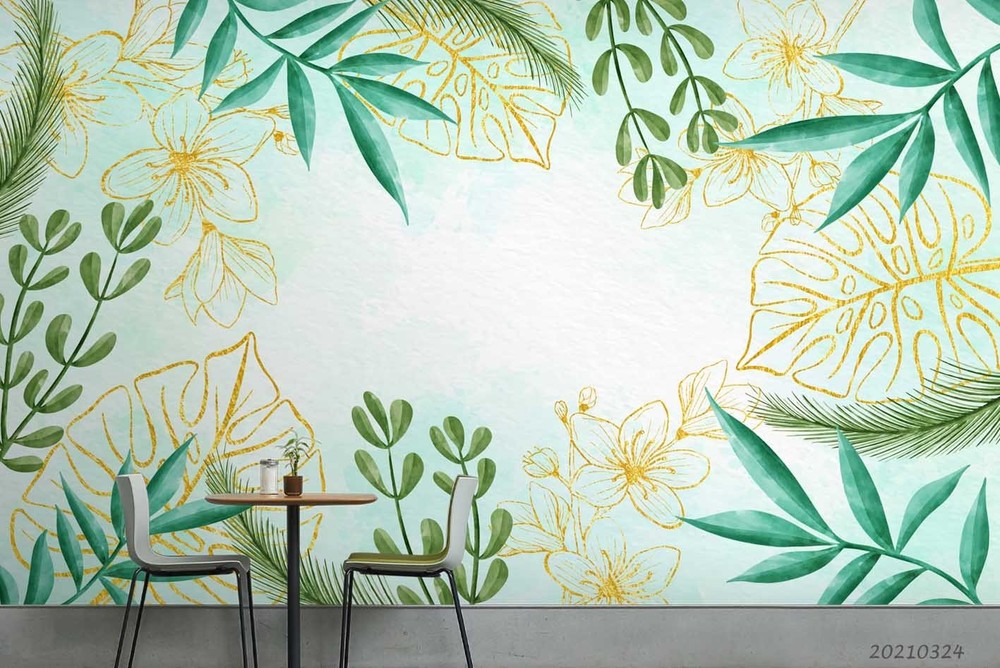 3D Green Gold Plants Leaves Watercolor Wall Murals Wallpaper Murals Wall Sticker