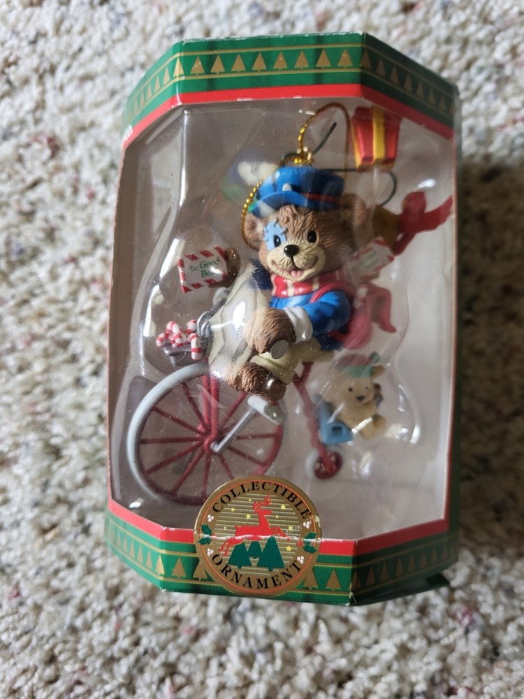 Trevco Christmas Ornament Santa  Teddy Bear Mail Carrier Riding Bicycle , & BOX