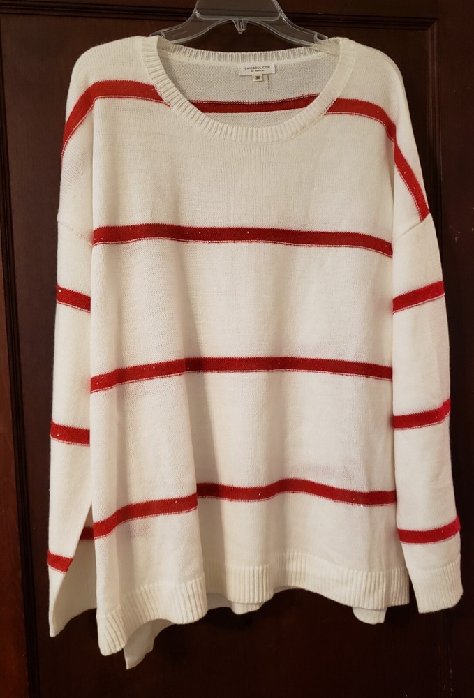 ChicSoul Sparkly Red Striped White Pullover Sweater 3X Long Sleeves