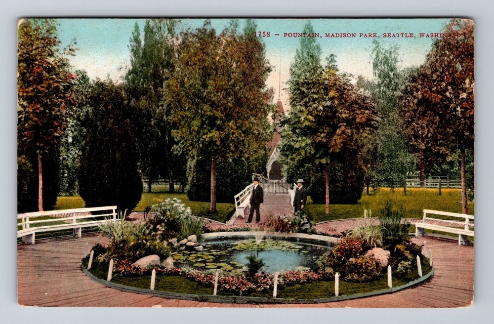 Seattle WA-Washington, Fountain, Madison Park, Antique, Vintage Postcard