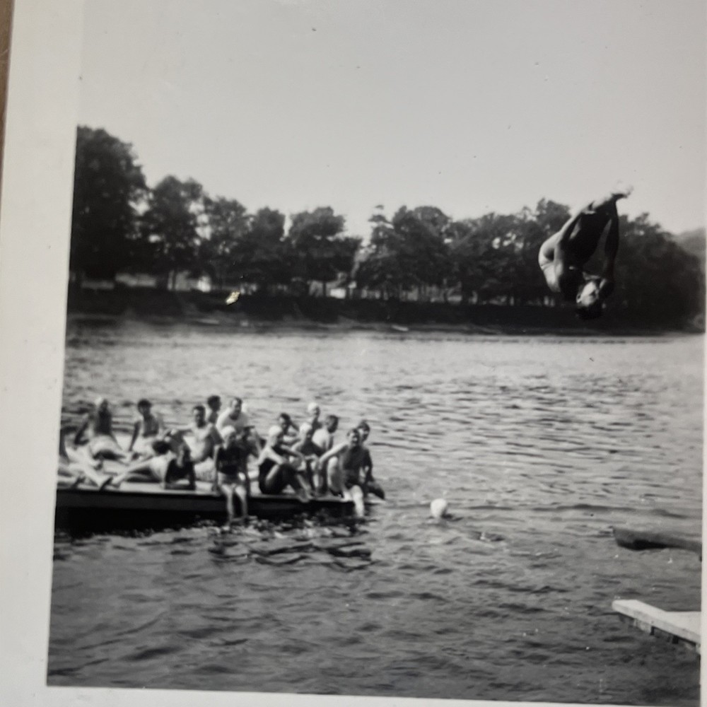 Vintage Photograph Snapshot Diving Board Backflip Diver Sunshine lake 1930s - A1