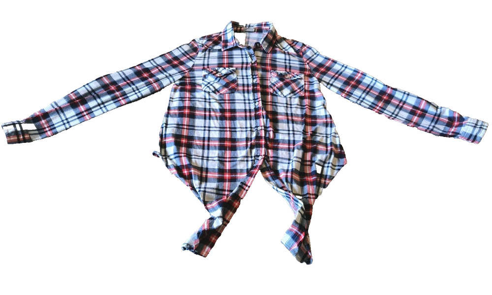 Passport Women's Lightweight Plaid Flannel Shirt Tie Waist Cropped Snap Front