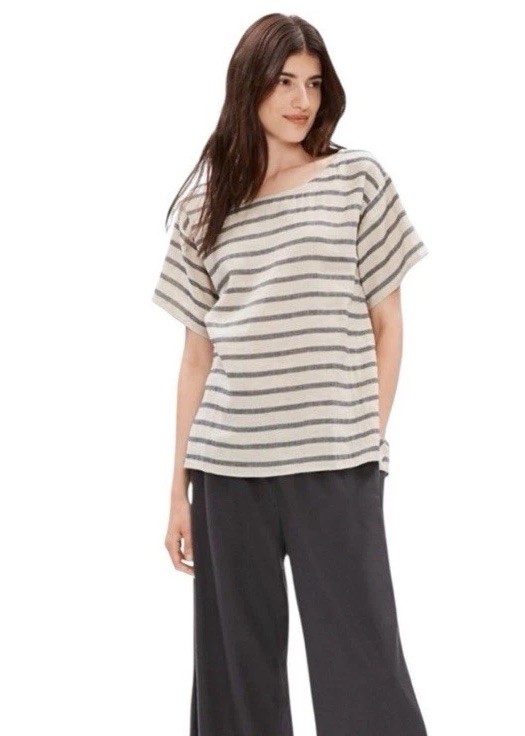 Eileen Fisher Linen & Organic Cotton Striped Top small gray cream Lagenlook